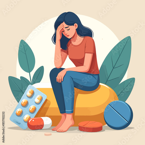 A woman sits on a large pill, looking distressed, surrounded by various medications, symbolizing mental health struggles and reliance on pharmaceuticals.