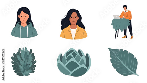 Illustrations of women and leaves in minimalist style with soft colors and clean lines for digital art