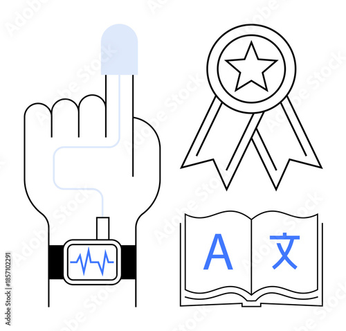 Technology, education, health monitoring, achievement, communication, global learning. Finger with wearable tech, ribbon medal open book with symbols. Health monitoring and education concepts