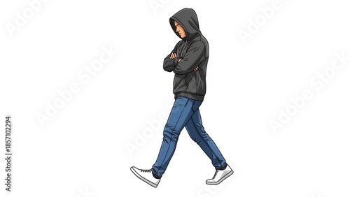 Man in black hoodie walking alone in casual stride with subtle urban lighting for streetwear advertising