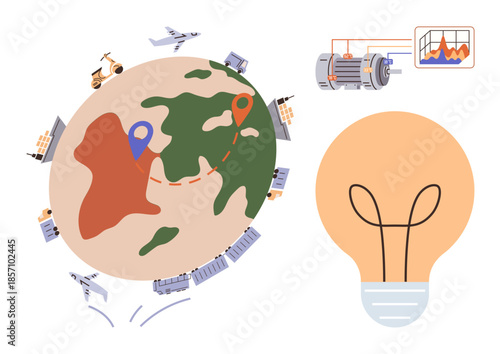 Earth with location markers, transport icons thumbs up trucks and planes, graph, and light bulb signifying progress. Ideal for shipping, business, technology, planning, innovation efficiency