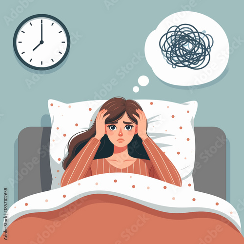 A woman lies in bed at night, unable to sleep, with her hands on her head and a thought bubble showing tangled thoughts.