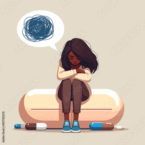 A young Black woman sits on a giant pill, looking distressed with tangled thoughts in a speech bubble above her head, surrounded by smaller pills.