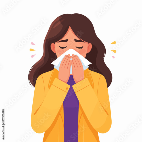 A woman with brown hair blowing her nose with a white tissue, feeling unwell.