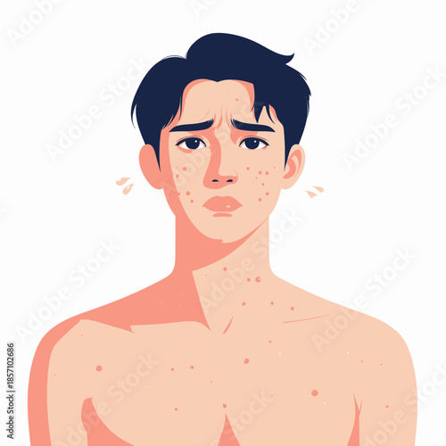 A young man with acne on his face and chest looking concerned, depicted in a flat illustration style.