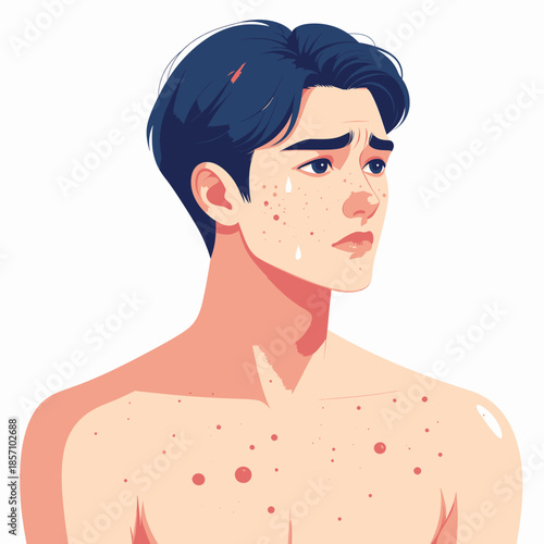 Illustration of a young man with acne on his face and chest, looking concerned.