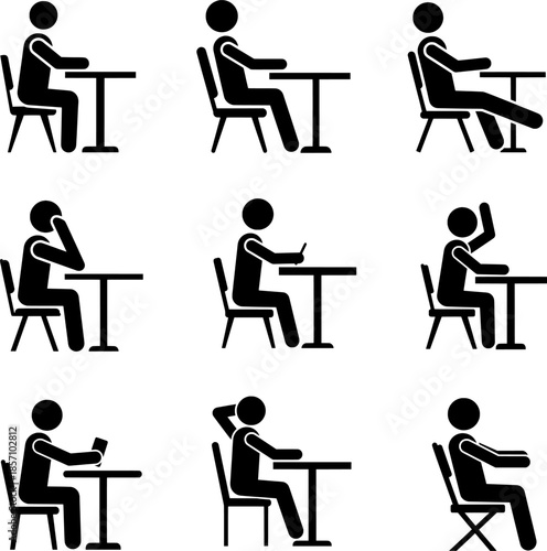 Man Sitting at Desk Stick Figure Icon Set: Student and Office Work Poses Vector
