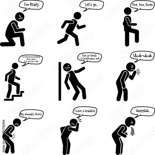 Health Problems and Body Pain Illustrations: Headache, Stomachache, and Vomiting Icons