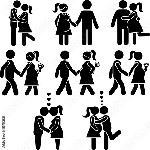 Happy Pregnancy Journey Illustrations: Husband and Pregnant Wife Silhouette Icons