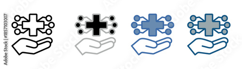 
Digital health icon set multiple style collection with hand, plus sign and artificial nerve design