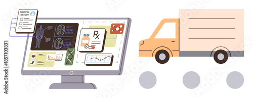 Computer monitor displaying medical records, prescriptions, and data charts with a delivery truck. Ideal for telemedicine, logistics, pharmacy services, innovation, technology, healthcare simple