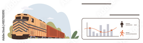 Freight train on track beside chart featuring population and trend analysis. Ideal for transportation, logistics, efficiency, economy, supply chain, planning, sustainability. Simple flat metaphor
