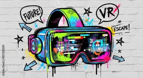 Vividly colored digital reality headset rendered in a vibrant graffiti style against a white brick wall