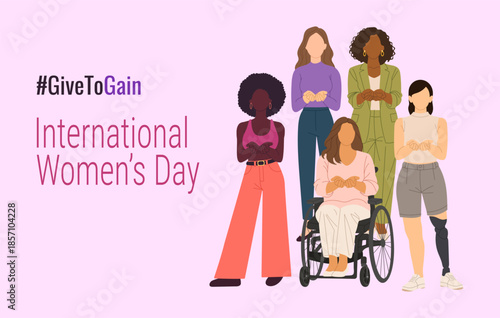 A poster of five women with the caption "Give to Gain" on it. The poster is pink and features a woman in a wheelchair