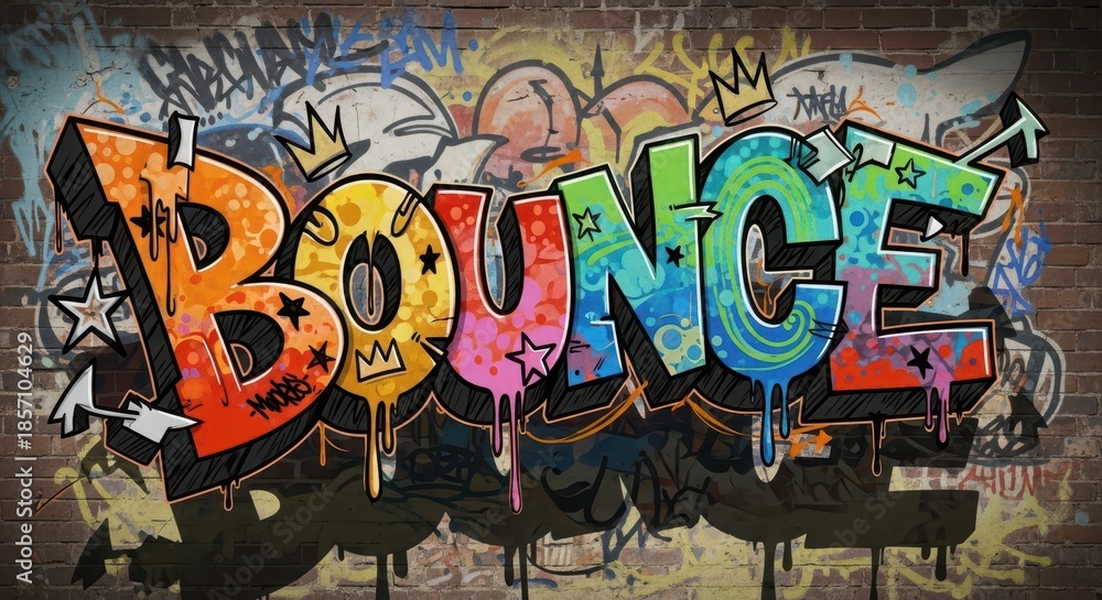 Obraz premium Vibrant, colorful lettering spelling out a common action word is prominently displayed across a textured brick wall covered in layered street art