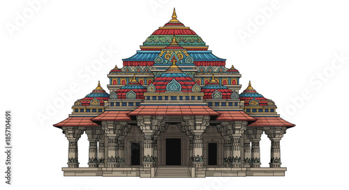 Vibrant, intricately detailed ancient temple illustration with multi-tiered roof and ornate pillars, showcasing traditional architectural beauty and spiritual significance