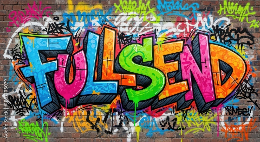 Obraz premium Vibrant, three-dimensional graffiti lettering covers an aged brick wall surface.