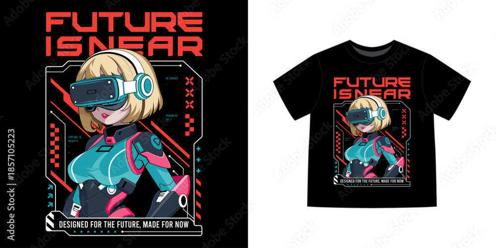 Obraz premium Cyberpunk anime t-shirt, ideal for poster, urban branding and futuristic graphic design, vector illustration