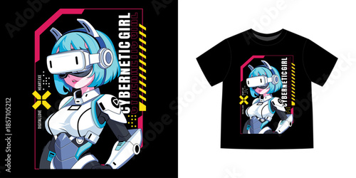 Cyberpunk anime t-shirt, ideal for poster, urban branding and futuristic graphic design, vector illustration