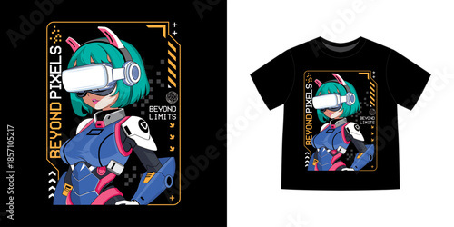 Cyberpunk anime t-shirt, ideal for poster, urban branding and futuristic graphic design, vector illustration