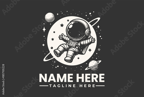 Vector illustration of an astronaut floating on a white planet icon with stars and planets on a black background, featuring a logo template with placeholder text.