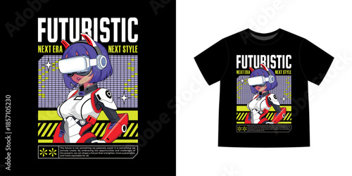 Cyberpunk anime t-shirt, ideal for poster, urban branding and futuristic graphic design, vector illustration