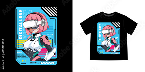 Cyberpunk anime t-shirt, ideal for poster, urban branding and futuristic graphic design, vector illustration