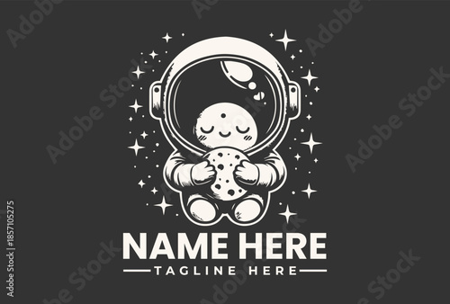 A cute astronaut baby illustration with a smiling face, wearing a spacesuit and helmet, surrounded by stars on a dark background, with a placeholder text for a name and tagline in a modern