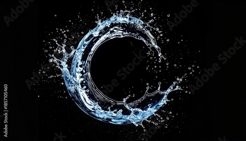 A ring of water, splashing and forming a circle against a black backdrop, clean