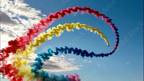 Footage displays a vibrant air show with red, yellow, and blue smoke trails spiraling against a clear blue sky with scattered clouds.