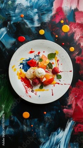 A dish featuring food platd to mimic abstract art brshstrokes, isolated on a pinter’s palette surface