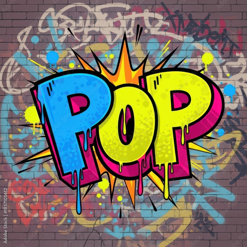 Obraz premium Bold colorful lettering spelling a short word explodes against a background of urban wall markings