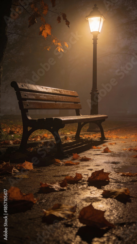 Empty Park Bench Under Street Lamp on a Foggy Night