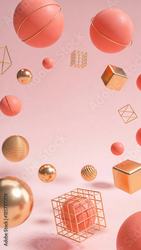 Abstract 3D Geometric Shapes Floating in Pink and Gold