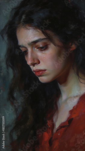 Oil Painting Portrait of a Sad Woman Crying