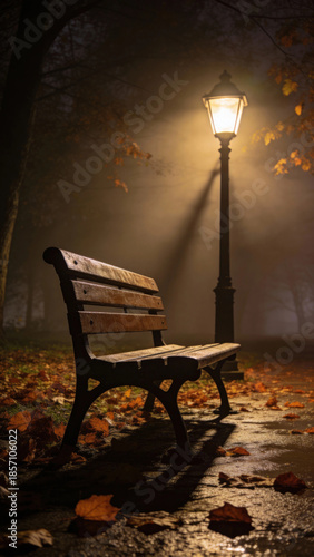 Empty Park Bench Under Street Lamp on a Foggy Night