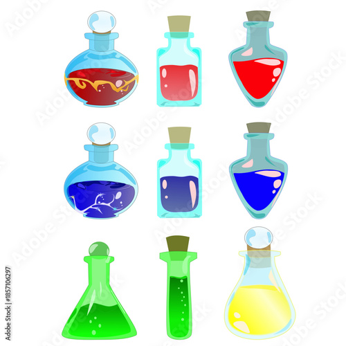 Magic potion game assets. Vector set of glass bottles with elixir, mana, poison and stamina