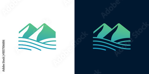 Mountain range and wavy water symbol for nature conservation or adventure travel