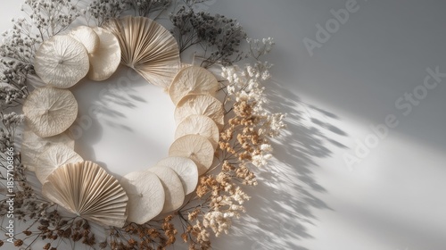 Unique arrangement of dried flowers and paper shapes on a plain surface