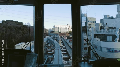 Tokyo, Japan - December 26, 2025: A monorail train departing from Tama Center Station in Tokyo