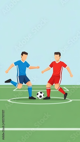 Two Male Soccer Players Competing for Ball on Green Field Illustration