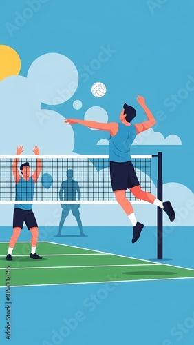 Dynamic Volleyball Player Spiking Ball over Net on Outdoor Court