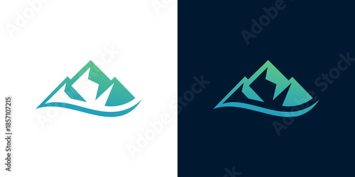 Abstract geometric mountain and wave logo design, symbolizing nature, adventure, and serenity with a modern, clean aesthetic