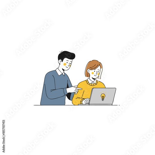 Two colleagues collaborating on a project with a laptop and idea generation