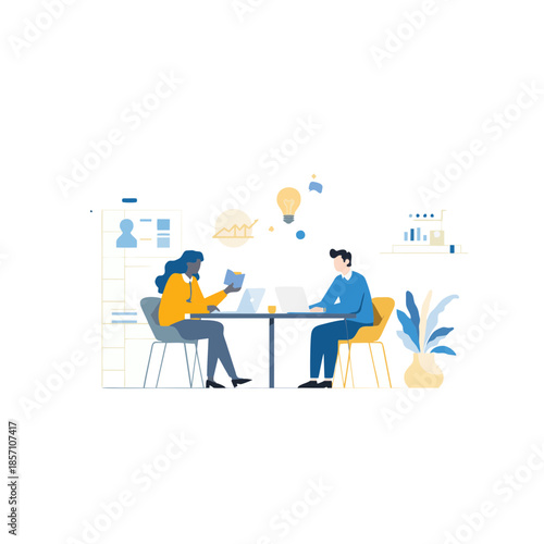 Two professionals collaborating at a desk with digital devices and creative elements surrounding them in a modern office environment