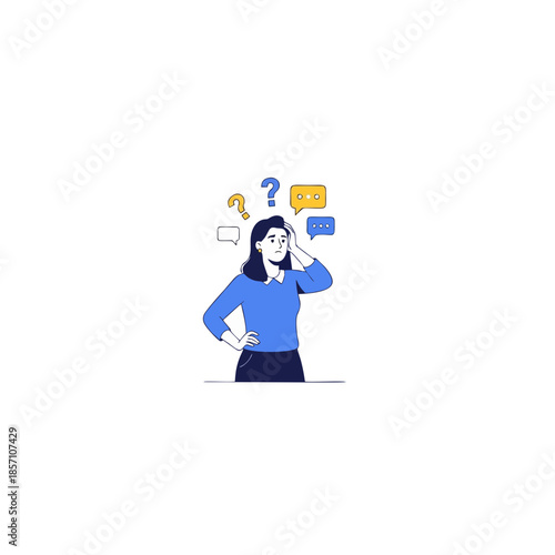 A thoughtful woman standing with a puzzled expression surrounded by question marks and chat bubbles in a vector illustration