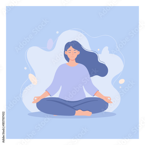 Woman meditating in lotus position with serene expression and flowing hair against a soft blue background