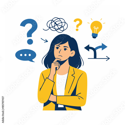 A contemplative woman surrounded by abstract thought symbols and ideas floating above her head