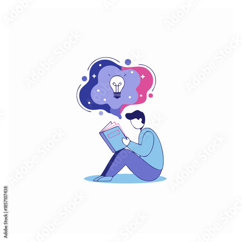 A person sitting on the floor reading a book with a thought bubble containing a lightbulb above their head