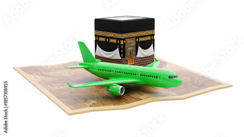 3D Green Airplane and Kaaba on a textured surface on transparent background